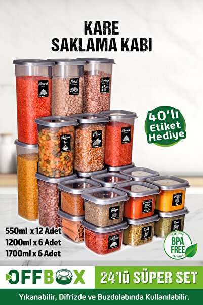 OFFBOX 24 Adet 48 Parça 0,55-1,2-1,7 Litre Kare Erzak Bakliyat Saklama Kabı Seti 40 Etiket Hediyeli