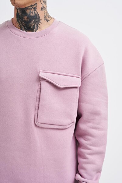 Machinist Ανδρικό φούτερ με τσέπες Crew Neck Basic Super Oversize Dirty Pink
