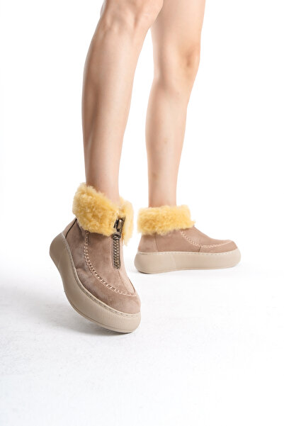 Moda Değirmeni Άνετες γυναικείες μπότες με επένδυση από γούνα βιζόν, μπροστινό φερμουάρ, εσωτερική γούνα, χοντρή σόλα BG1165-116-0004