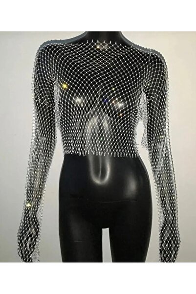 Ebrar Çeyiz Bluză crop cu plasă de piatră