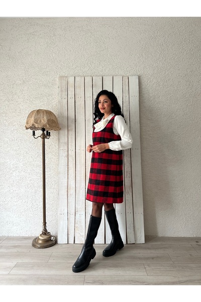 KÜÇÜĞÜM BUTİK Red Checker Pattern Square Neck Short Gilet Dress (Short)