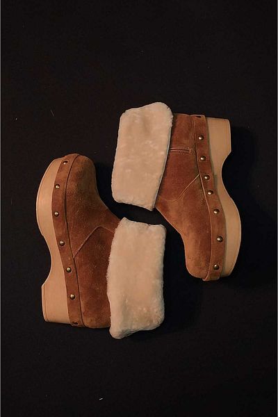 MaisonStanbul Natural Suede Shearling Sabo Boots