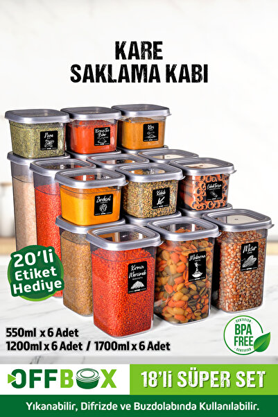 OFFBOX 18 Adet 36 Parça 0,55-1,2-1,7 Litre Kare Erzak Bakliyat Saklama Kabı Seti 40 Etiket Hediyeli