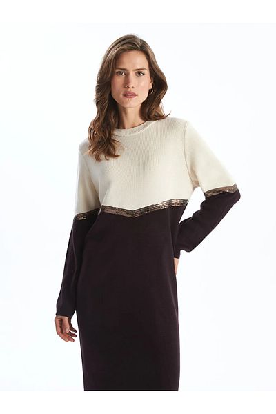 LC Waikiki Crew Neck Color Blocked Women's Knitwear Dress