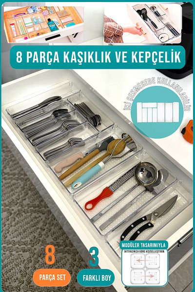 FİTHOME 8-Piece Modular Cutlery and Ladle Organizer - Can Be Used in Two Drawers