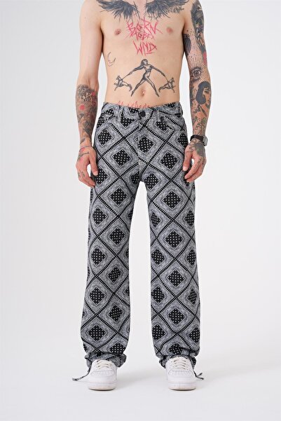 Machinist Erkek Baggy Baskılı Java Siyah Jean Pantolon