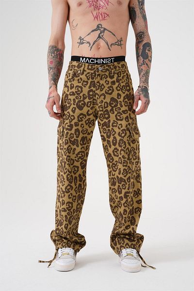 Machinist Blugi largi pentru bărbați cu model leopard, cu buzunare cargo