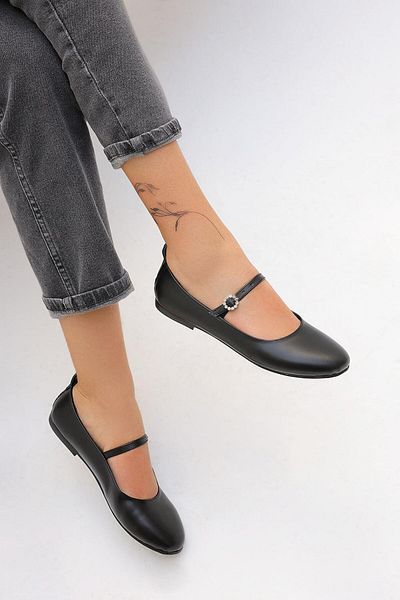 Beyond Woman Black Mary Jane Round Toe Floral Leather Daily Flats Byndmjyc01