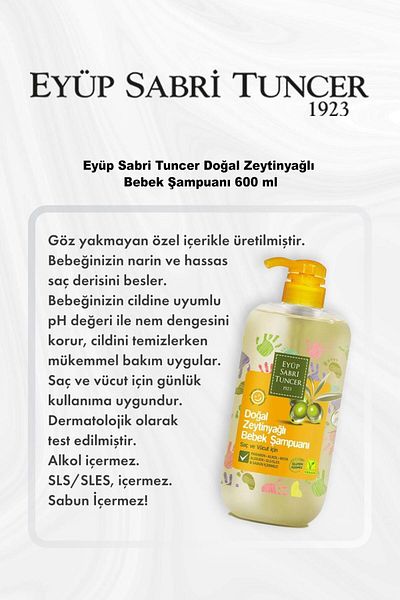 Eyüp Sabri Tuncer 600 ml Natural Olive Oil Baby Shampoo - 5 Al Rosie Cotton