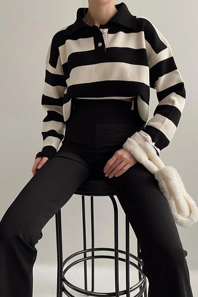 misigo Pulover CROP CU BUTON CU GULER DE POLO NEGRU-ECRU