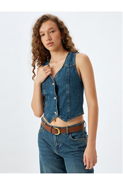 Koton V-Neck Jeweled Buttoned Sleeveless Slim Fit Denim Vest