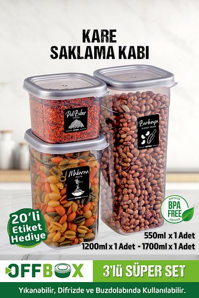 OFFBOX 3-Piece Square Food Storage Set - 0.55-1.2-1.7-Liter, 20 Tags Gift - Seasoning Set - 10K