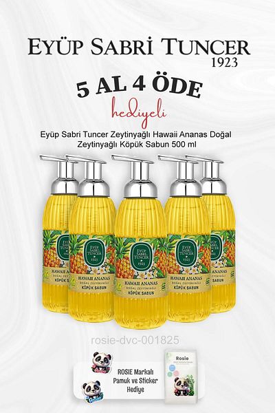Eyüp Sabri Tuncer 500ml Natural Olive Oil Hawaiian Pineapple Soap - Buy 5Pcs and Pay 4Pcs and Rosie