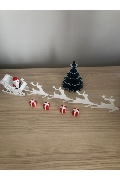 Noel YILBAŞI DEKORASYON SETİ NOEL BABA, GEYİKLİ KIZAK, ÇAM AĞACI VE MİNİ HEDİYE KUTUSU