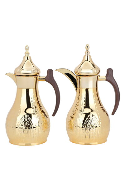 Alsaif Gallery Haila Golden Thermos Set, Engraved With A Wooden Hand, Two Pieces