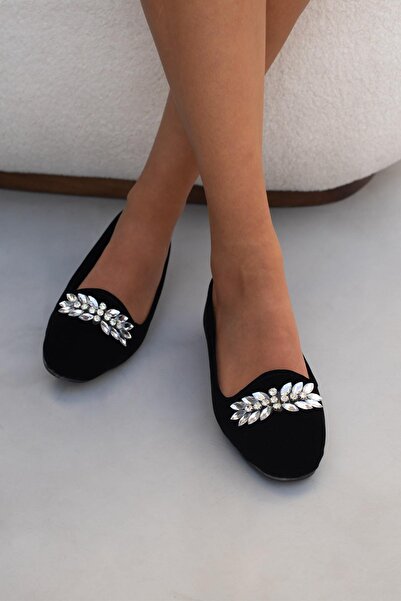 Beyond Γυναικείες Μαύρες Πέτρινες Λεπτομερείς Βελούδινες Μπαλαρίνες 1cm Byndshr03