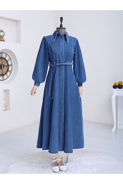 Modamorfo Stone Embroidered Buttoned Belted Jeans Dress