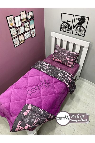 Çetinhome Single Reversible Welsoft Quilt with Pillow Case Soft Surface 155x215cm Purple Love