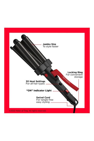 Revlon Iron Curler 3 Barrel Jumbo Hair Waver, Tourmaline Ceramic Coating, 30 Heat Settings RVIR3056