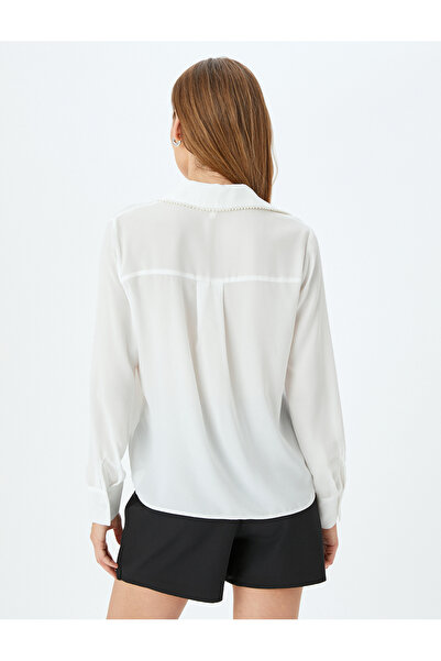 Koton Klasik Yaka Uzun Kollu Taşlı Krep Gömlek