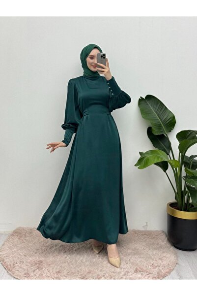 Modamorfo Long Cuffed Waist-Tied Satin Balloon Sleeve Dress - Emerald