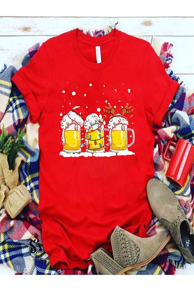 Pisa Art Unisex New Year Christmas Themed Red T-Shirt - Special Design Series