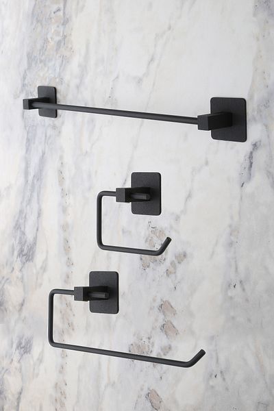 evina Black Square Adhesive Long Towel Holder Set - Roll & Wc Toilet Paper Holder