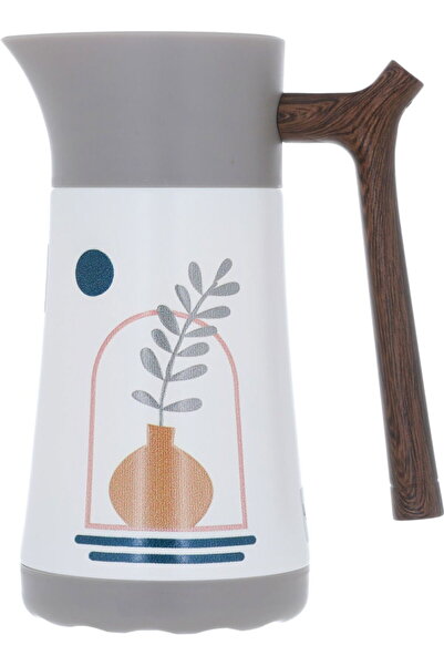 Alsaif Gallery Gloria Steel Saif Gallery Thermos, 0.35 L, Engraved, Wooden Handle - White and Grey