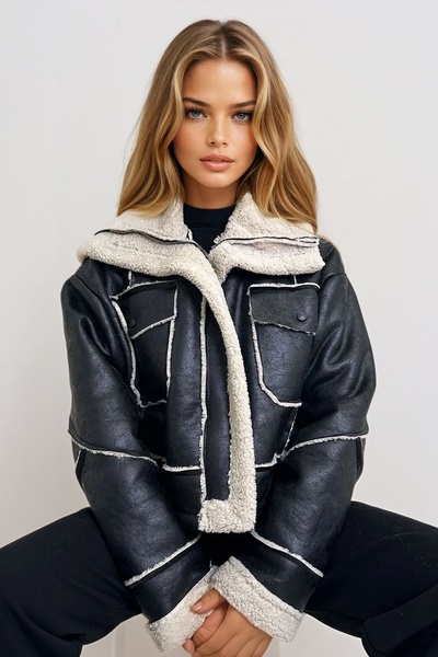 VAGGON Γυναικείο μαύρο μπουφάν με διπλή τσέπη με γούνινο φερμουάρ Prm1347