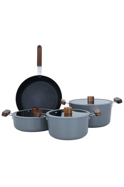 Tornado Dark Gray Ceramic Pots Set With Glass Lid, 7 Pcs