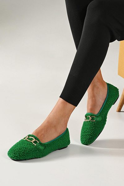 Beyond Γυναικείες μπαλαρίνες Grass Green Gurva Chain βελούδινες για το σπίτι 1cm Byndshr01
