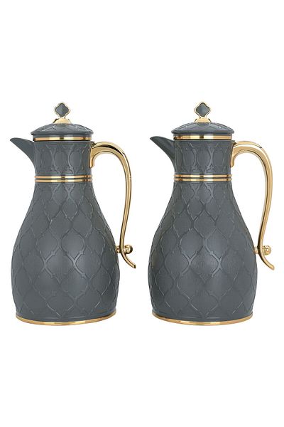 Alsaif Gallery Nahla Dark Gray Thermos With Golden Handle, Two Pieces