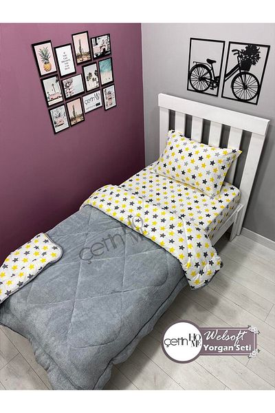 Çetinhome Single Reversible Welsoft Quilt with Pillow Case Soft Surface 155x215cm Yellow Star