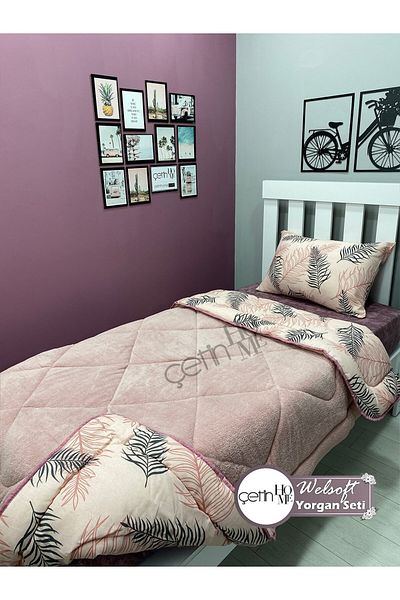 Çetinhome Patterned Welsoft Quilt Set - Leaf & Dusty Rose