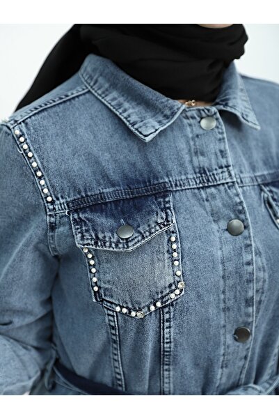 Modamorfo Rochie din denim cu piatră albastră - cu cravată în talie și buzunare