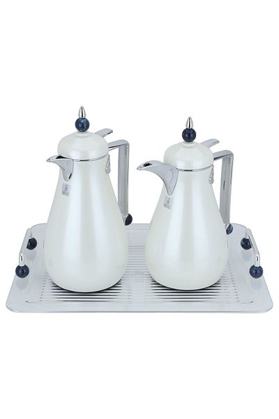 Alsaif Gallery Silver Pearl Crystal Thermos Set With Blue Acrylic Ball Topper