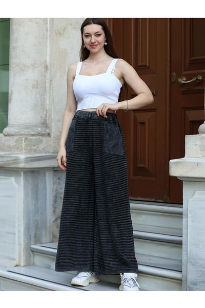 Sosyete Kaplumbağa Authentic 100% Cotton Pocket Washed Knitwear Large Size Wide Leg Pants