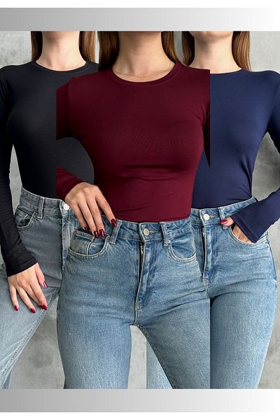 macharel jeans Μαύρο-Κόκκινο-Μπλε 3 τεμαχίων Crew Neck Basic μακρυμάνικο κορμάκι