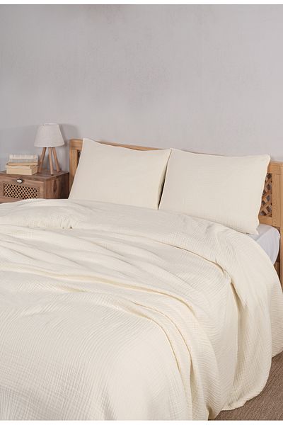 MYLASA HOME 4 Layer Muslin Double Bed Cover Set-230X250 Cm, Summer Pique & Pillow Case (3 Pieces)-Cream