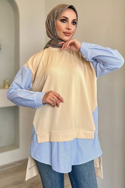 julude Μπεζ πουκάμισο Garnished Crew Neck Lycra Hijab Tunic