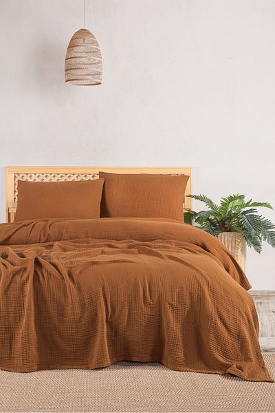 MYLASA HOME 4 Layer Muslin Double Bed Cover Set-230X250 Cm, Summer Pique & Pillow Case (3 Pieces)-Camel