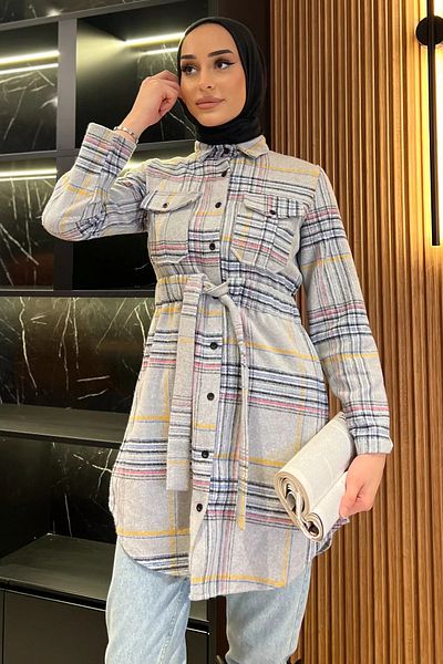 julude Gray Plaid Patterned Double Pocket Hijab Tunic