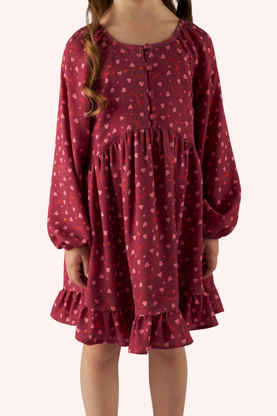 Panço Kız Çocuk Kalp Desenli Kırmızı Elbise