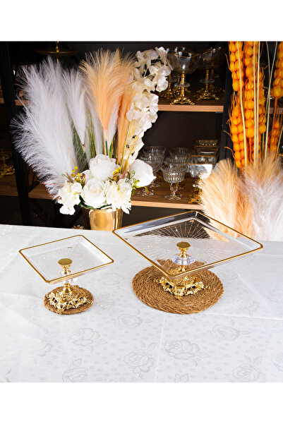 ARGKRİSTAL مادة معدنية مفصلة باللون الذهبي، مقاس 2، طبق عرض مربع الشكل، قطعتين