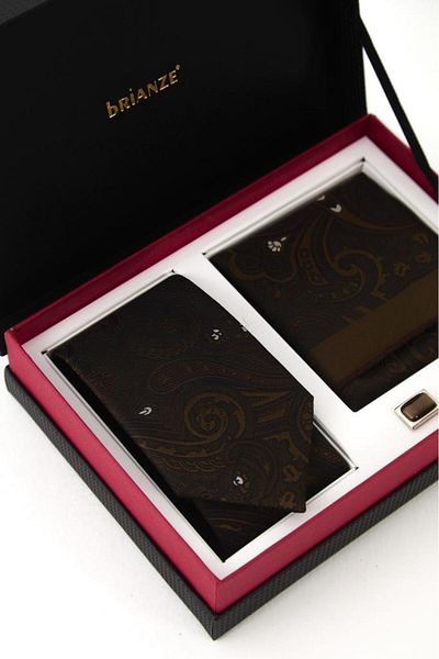 Brianze Brown White Shawl Pattern Tie Handkerchief Cufflink Gift Set