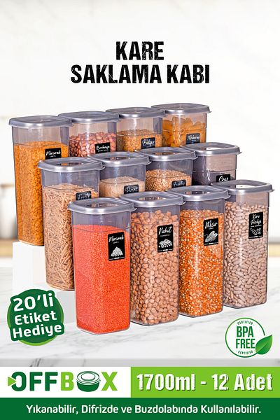 OFFBOX 1.7 Liter Jumbo Size Square Food Storage Set - 12 Pieces, 24 Pieces, Spice Rack 20 Labels Gift