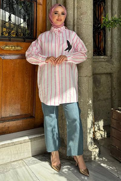 julude White Pink Stone Embroidered Striped Loose Hijab Tunic