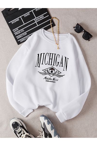 MODARİCH Φούτερ Michigan 1971 - Λευκό εμπριμέ Oversize ροζ λαιμόκοψη