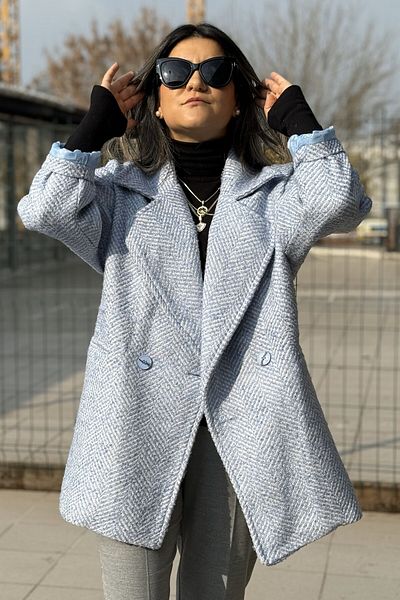 Suzi butik Palton Boucle oversize cu model în spate de pește albastru - căptușit, scurt 9526