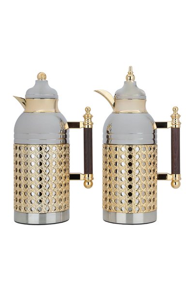 Alsaif Gallery Sarah Nickel Dark Wooden Thermos Set With Gold Handle, Two Pieces